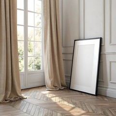 Minimalist Blank Frame Leaning by Window with Soft Curtains and Wooden Floor for Elegant Interior Styling