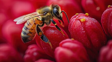 A macro shot of a honeybee gathering nectar from a bright pink flower, showcasing the fine details of the beeâ€™s body and the vivid contrast between the insect and the petals