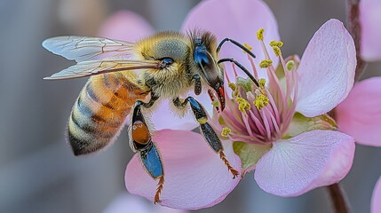 A macro shot of a honeybee gathering nectar from a bright pink flower, showcasing the fine details of the beeâ€™s body and the vivid contrast between the insect and the petals