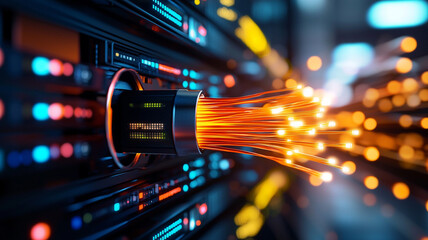 High Speed Data Transfer Glowing Fiber Optics Streaming From Server Rack