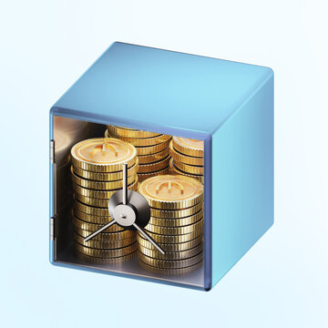 3d rendering glassy locked safe box with gold bars and manat coins isolated on blue background