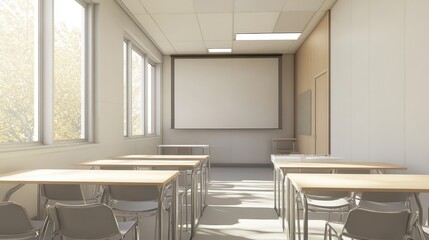 A beige and gray classroom interior featuring a projection screen, designed for a functional and professional learning environment.