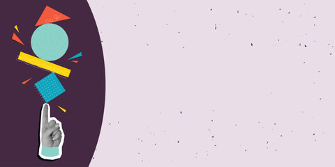 A hand holding in a balance abstract geometric composition, place for text. Modern photo collage style. Vector illustration