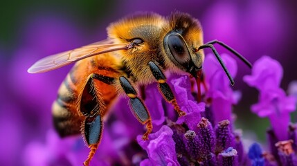 A close-up of a honeybee collecting nectar from a blooming lavender plant, with the background featuring a soft, blurred field of flowers, showcasing the beeâ€™s role in pollination