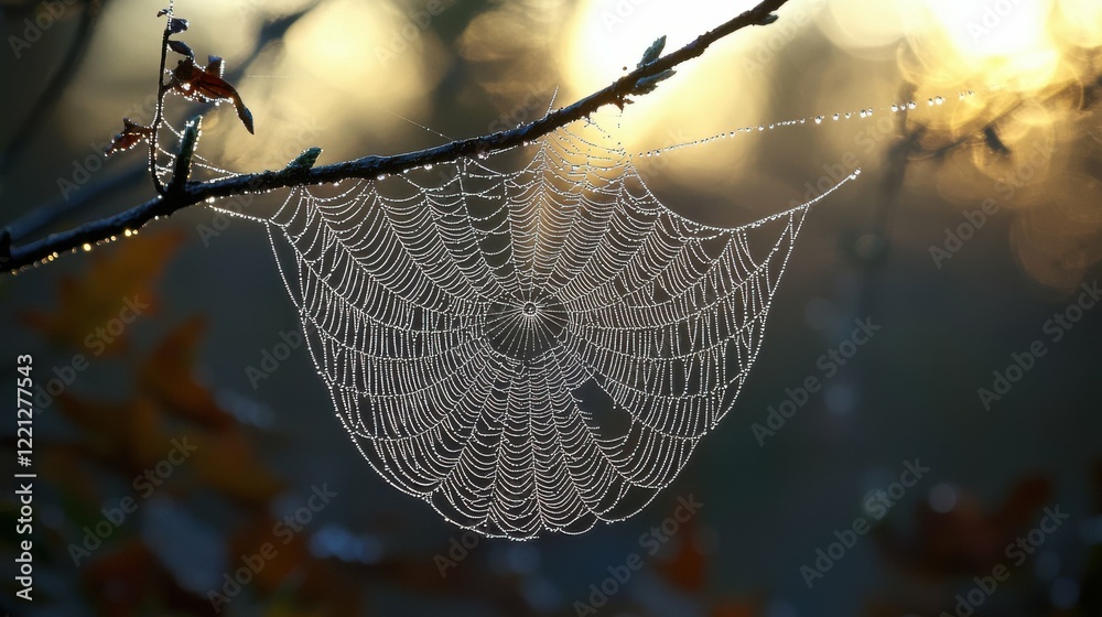 Wall mural a macro shot of a dew-covered spider web on a tree branch, with sharp focus on the delicate, glisten
