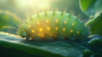 Naklejka premium A close-up of a caterpillar on a branch of a tree, with soft sunlight filtering through the leaves, capturing the insectâ€™s natural environment in a moment of stillness and growth