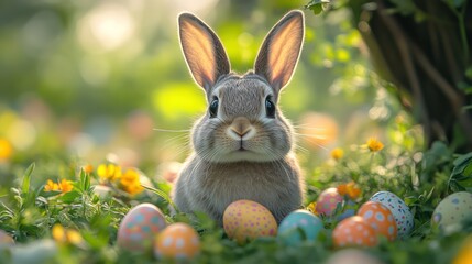 A playful Easter Bunny peeking out from behind a tree, with colorful eggs and a sunny field visible in the background