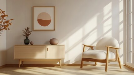 Fototapeta premium A beige home living room featuring a drawer and art decorations, with mockup frames on the wall providing a customizable display space for personal or artistic elements.