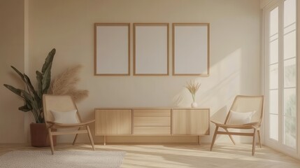 A beige home living room featuring a drawer and art decorations, with mockup frames on the wall providing a customizable display space for personal or artistic elements.