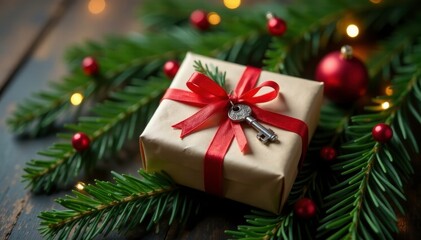 Gift wrapped in evergreen branches with a small key, holiday, gift, presents