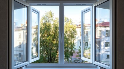 Glass window frame house interior on white wall