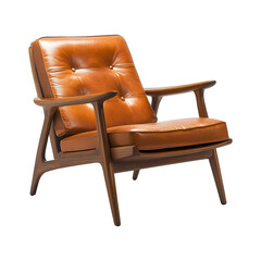 Mid-Century Modern Lounge Chair with Brown Leather Cushion Isolated on Transparent Background