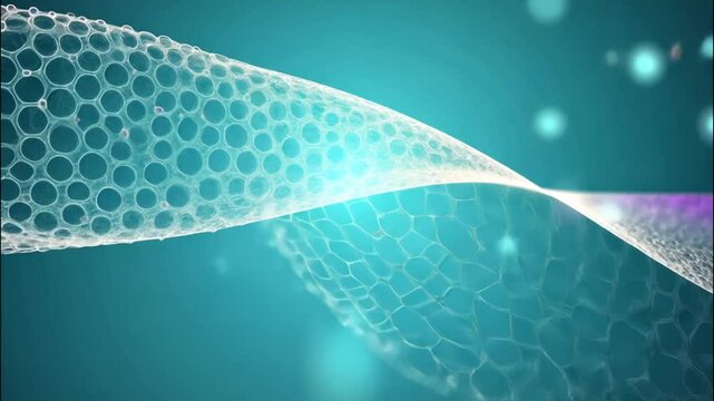 Cells dividing and healing in a bright, semi-transparent background, overlaid with pulsating, circular wave patterns. Use soft blues, greens, and purples for a modern medical theme