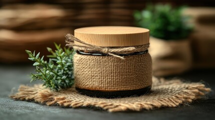 Obraz premium Rustic Jar with Wooden Lid and Twine on Natural Fabric Base