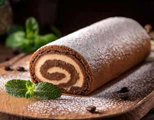 A chocolate Swiss roll cake dusted with powdered sugar is displayed on a wooden board, garnished with fresh mint leaves and coffee beans.