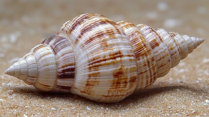 A close-up of a seashell, with its smooth texture and spiral pattern, set against a blurred sandy beach background, highlighting the delicate texture and organic design