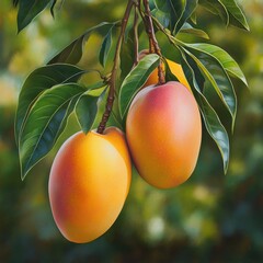 Mango fruit on the tree with green leaves and blurred background.