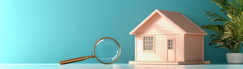 Obraz premium A wooden model house next to a magnifying glass, set against a turquoise background, symbolizes real estate and careful consideration.