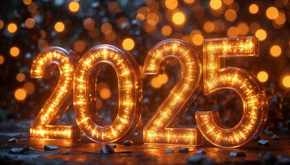 '2025' glowing numbers surrounded by bokeh lights in a festive New Year's Eve celebration