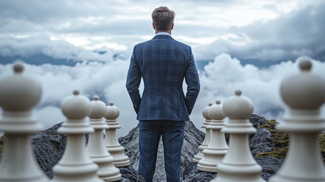 A businessman standing on a mountain peak, gazing into the horizon, symbolizing a mindset of innovation and the pursuit of new business opportunities in a global market