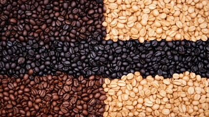 Fototapeta premium Close-up of assorted coffee beans arranged in contrasting colors on a textured background