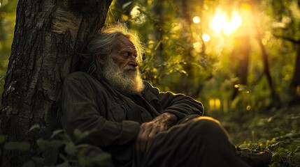 Elderly man resting against tree, sunset forest, peaceful scene, nature imagery