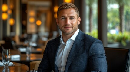 A businessman with a thoughtful expression, sitting at a desk with minimalistic surroundings, representing a mindset of mindfulness and focused innovation in decision-making