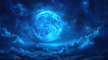 bright and full moon shines in dark night sky, surrounded by clouds and stars, creating serene and magical atmosphere