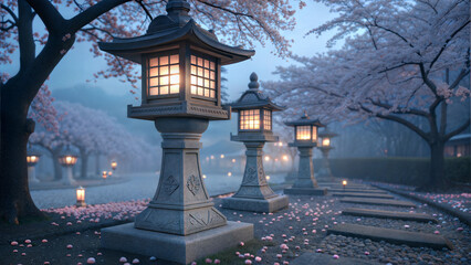 Traditional Japanese stone lanterns glowing under cherry blossoms at dusk