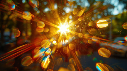 Bright light lens flares create stunning visual effect with various shapes and sizes, capturing essence of sunlight filtering through trees. warm tones evoke sense of tranquility and beauty