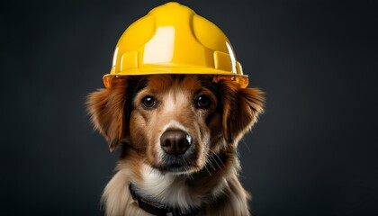 studio shot of dog with yellow helmet hat safety and health at work labor day