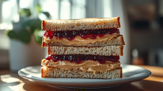 Sandwich with jelly and peanut butter on a white plate. The sandwich is cut in half and is sitting on a wooden table