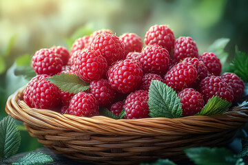 Basket full of red raspberries with green leaves. The basket is on a wooden surface