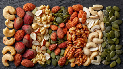 Obraz premium Colorful assortment of various nuts and seeds arranged neatly on dark surface, showcasing variety of textures and colors that evoke sense of health and vitality