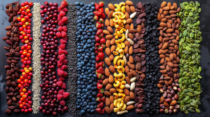 Colorful assortment of various nuts, seeds, and berries arranged rows, showcasing vibrant display of natural foods. This visually appealing layout highlights diversity and richness of healthy