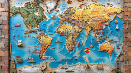 colorful map of world featuring various countries, detailed topography, and decorative ships. This artistic representation showcases geographical diversity and cultural elements