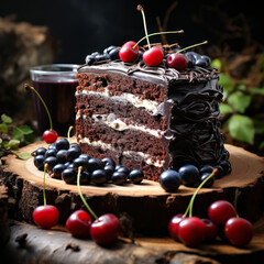 Slice of chocolate cake with whipped cream and cherries on top. The cake is cut into pieces and placed on a glass plate