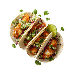 Flying Fried Fish Tacos with Floating Cabbage Slaw Isolated on Transparent Background