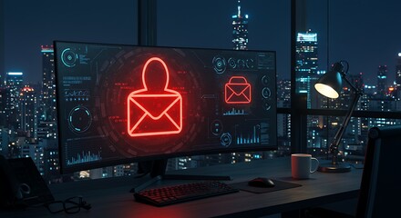 Modern office with big monitor. Critical security alert. Red screen Error. Сybersecurity, hacker attacks. High-tech technologies. Artificial intelligence AI.