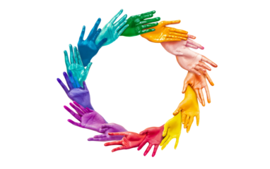 Circular wreath design made of hands in various colors Isolated on transparent background.