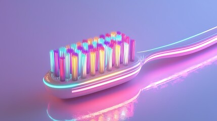 Neon toothbrush, vibrant bristles, reflective surface, studio lighting, dental hygiene