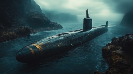 A submarine partially submerged in a narrow,