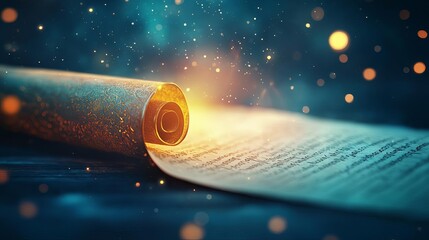 Ancient scroll glowing softly under a divine celestial aura