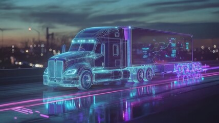 Futuristic truck design driving on a highway at sunset with glowing neon effects