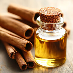 Bottle of cinnamon oil sits on a wooden table next to a bunch of cinnamon sticks. The bottle is filled with a golden liquid, and the cinnamon sticks are arranged in a neat pile