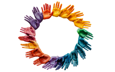 Artistic circular wreath of hands representing inclusion Isolated on transparent background.