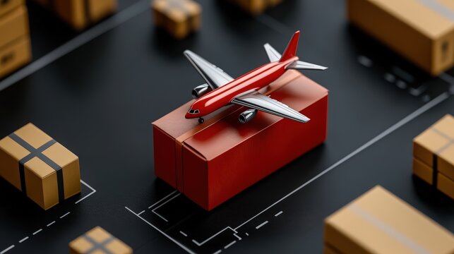 Global Logistics: A Miniature airplane sits atop a parcel, symbolizing the swift distribution of goods, set against a backdrop of meticulously arranged packages on a digital interface.
