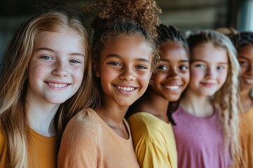 Fototapeta premium Diverse group of girls smiling and standing closely together in brightly colored shirts