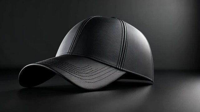 Black hat with a black brim sits on a black surface. The hat is made of leather and has a black color