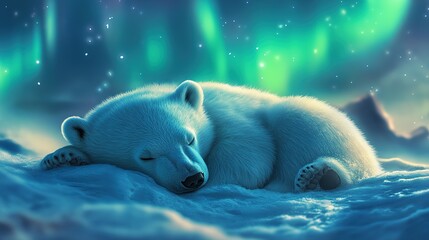 Sleepy Polar Bear Cub, curled up on frosty snow under the aurora borealis